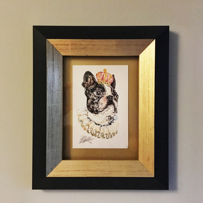 a regal frame for a regal Boston Terrier! Float mounted on gold mountboard with gold slips.