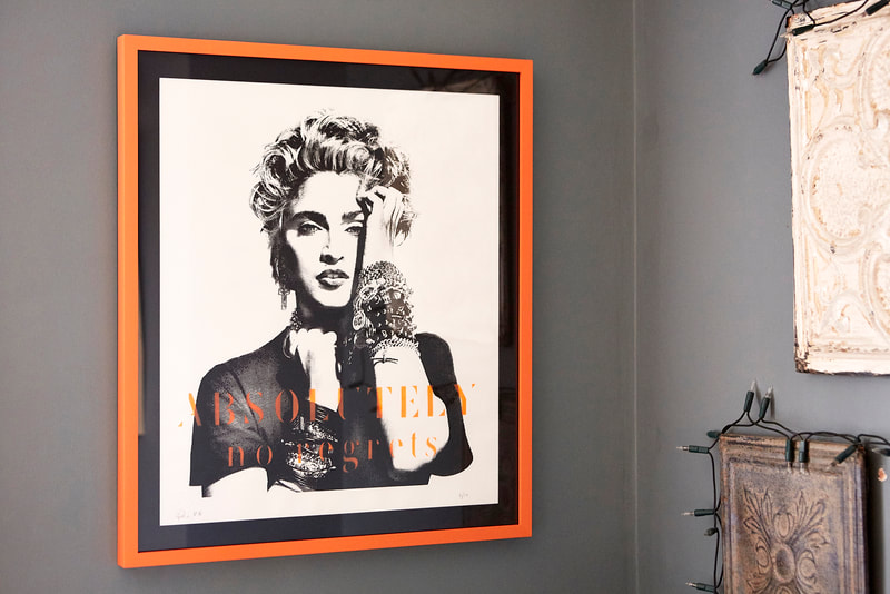 'Absolutely no regrets' Madonna screenprint with handprinted orange frame and black core black mount.
